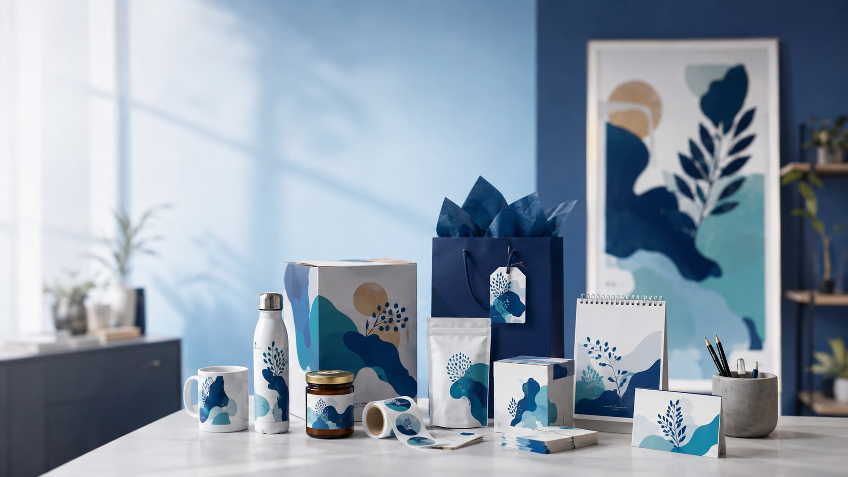 Custom packaging, labels, mugs, bottles and stationery with matching brand artwork
